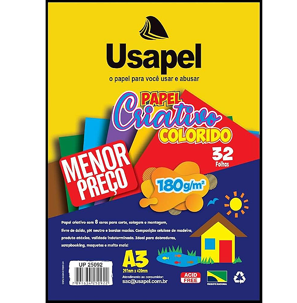 PAPEL CRIATIVO A3 8 CORES 180GR 32FLS USAPEL