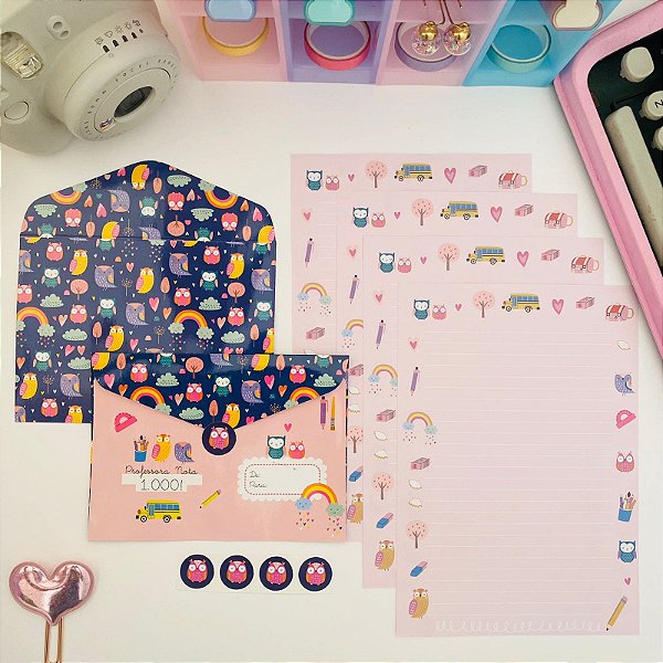 KIT PAPEL DE CARTA COM ENVELOPE PROFESSORA CORUJINHA- BUENDIA