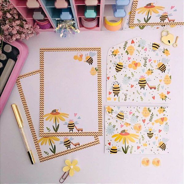 KIT PAPEL DE CARTA COM ENVELOPE ABELHINHAS - BUENDIA