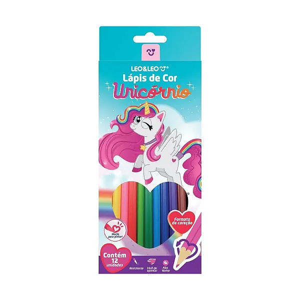LAPIS DE COR FORMATO CORACAO UNICORNIO 12 CORES - LEONORA