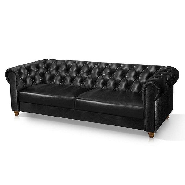 Sofá 2,20m Chesterfield Capitonê Living Corino Viena Preto