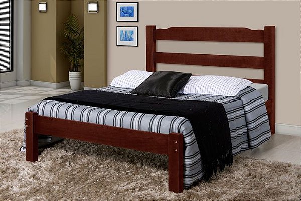 Cama de Casal Santilio de Madeira Maciça Reforçada Tauari - Mogno