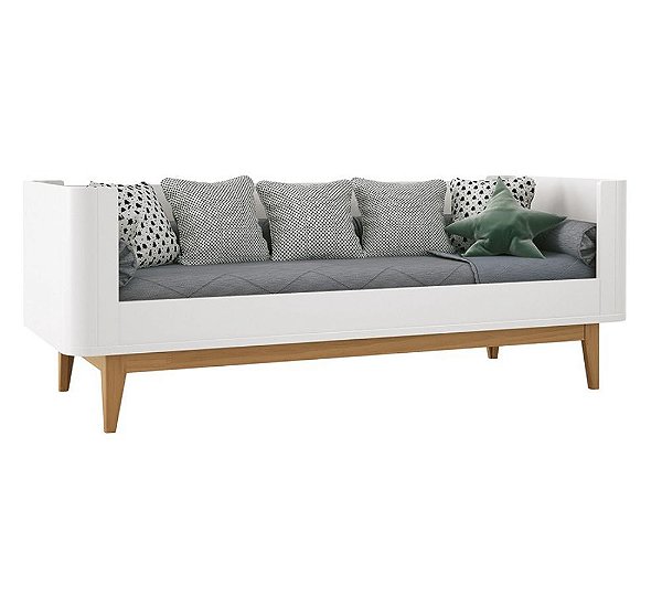 Cama Babá de Solteiro Flow Cantos Arredondados Branco Acetinado/Wood