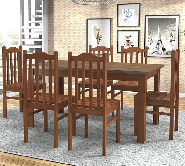 Mesa Com 6 Cadeiras de Madeira Maciça Eucalipto 155x82 Alice Nogueira