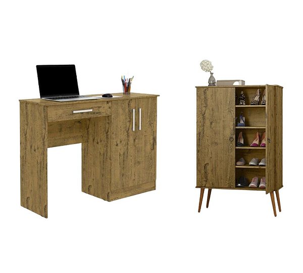 Conjunto Home Office Mesa de Computador + Armario Multiuso Space 100% MDF Nature