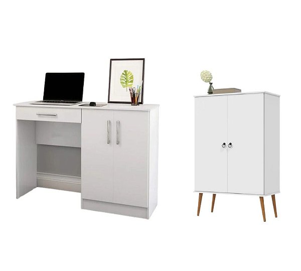 Conjunto Home Office Mesa de Computador + Armario Multiuso Spazio 100% MDF Branca