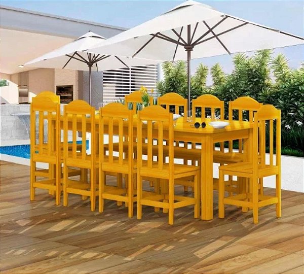 Mesa Com 10 Cadeiras de Madeira Maciça 220x88 Safira Cerejeira