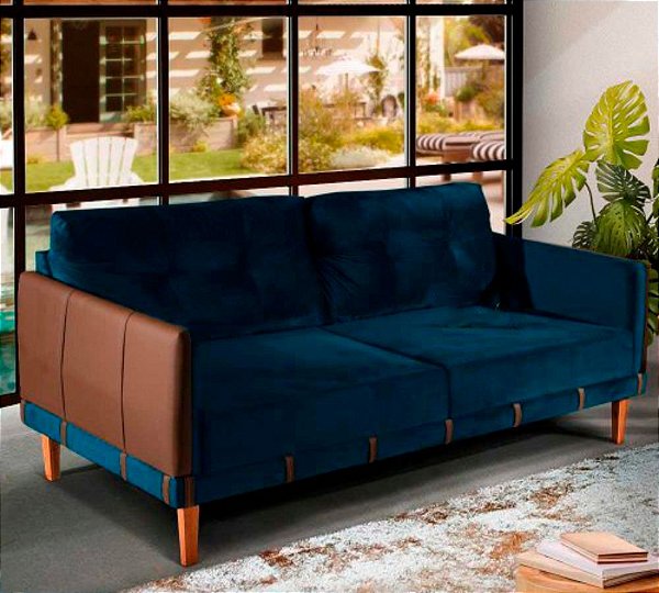 Sofá de 2m Living Fixo Boutique Luxuoso Confortavel Veludo Azul Pés Reforçado