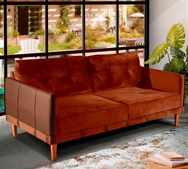 Sofá de 2m Living Fixo Boutique Luxuoso Confortavel Veludo Terracota Pés Reforçado
