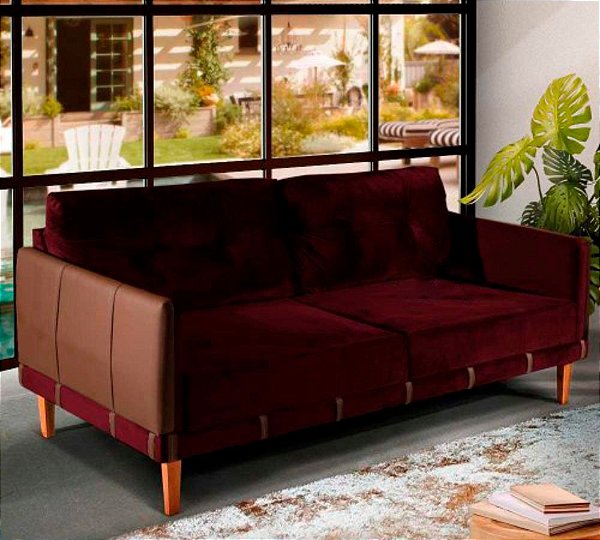 Sofá de 2m Living Fixo Boutique Luxuoso Confortavel Veludo Vinho Pés Reforçado