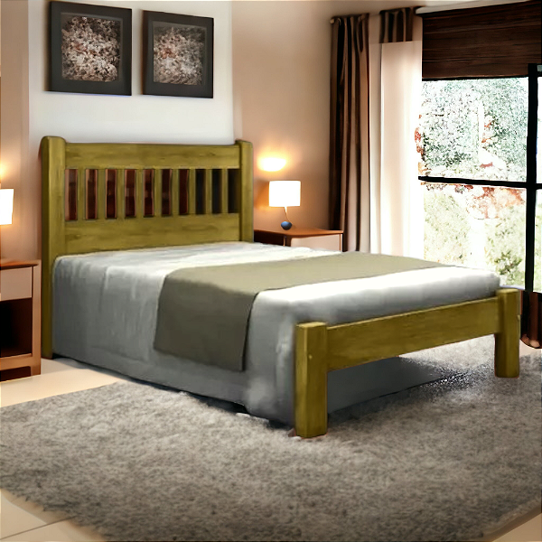Cama Casal Pérola Madeira Maciça Angelim Pedra/Tauari Imbuia Novo