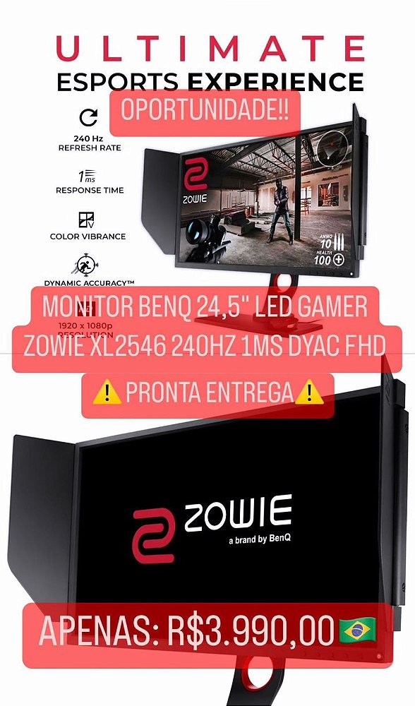 MONITOR BENQ 24,5" LED GAMER ZOWIE XL2546 240HZ 1MS DYAC