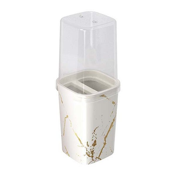 Porta Escovas e Creme Dental de Plástico com Tampa Classic Fosca Mármore Branco