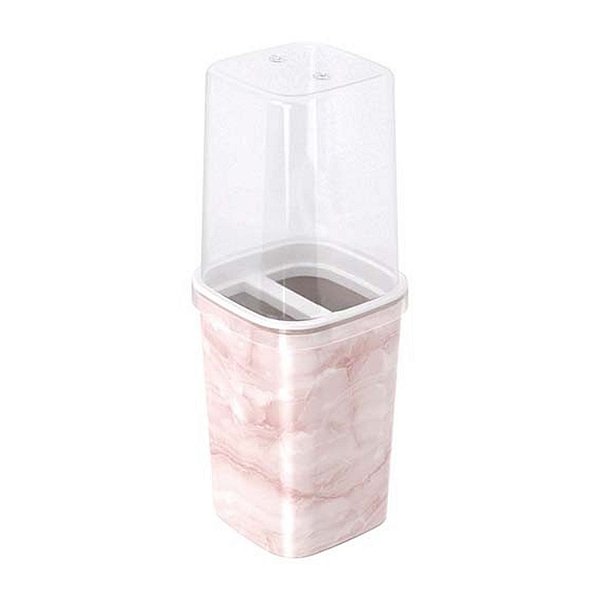 Porta Escovas e Creme Dental de Plástico com Tampa Classic Fosca Mármore Rosa