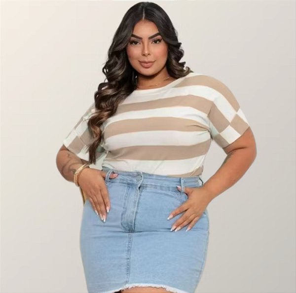 Blusa Listrada Viscolycra Premium Plus Size – Manga Dobrada
