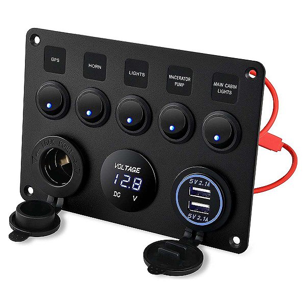 Painel Elétrico 5 Botões Carregador Usb Voltímetro E Tomada