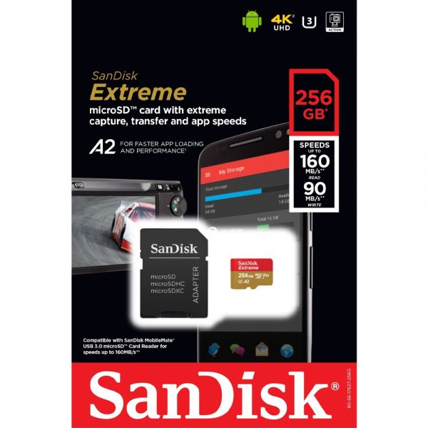 Memória Micro Sd Sandisk Extreme 160-90 Mb/S C10 U3 256 Gb (Sdsqxa1-256G-Gn6Ma)