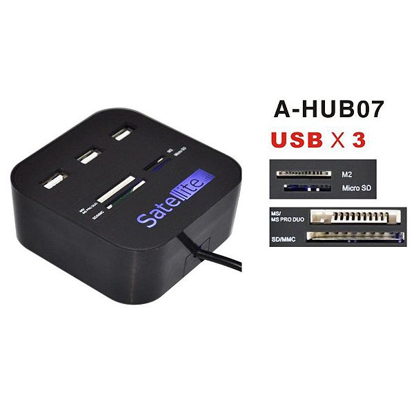 Hub Satellite A-HUB07 com 3 Portas + Leitor de Memória SD/MicroSD - Preto