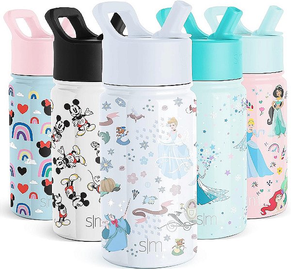 Garrafa de água para crianças da Cinderela, Princesas da Disney, com tampa de canudo | Copo de aço inoxidável isolado reutilizável para meninas, escola | Coleção Summit | 14oz, Desejos Florais