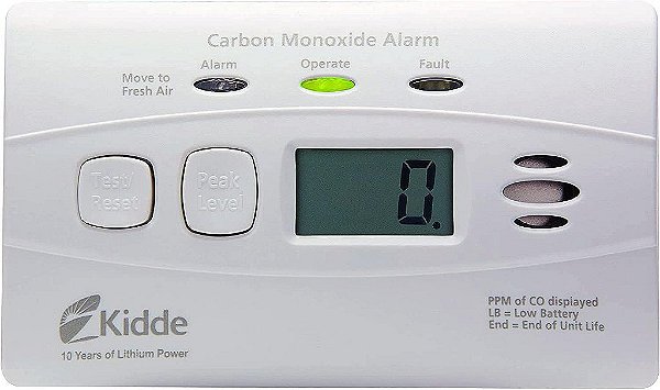 Detector de monóxido de carbono Kidde com bateria de 10 anos, display digital, 3 LEDs, indicador de substituição, memória de nível máximo.