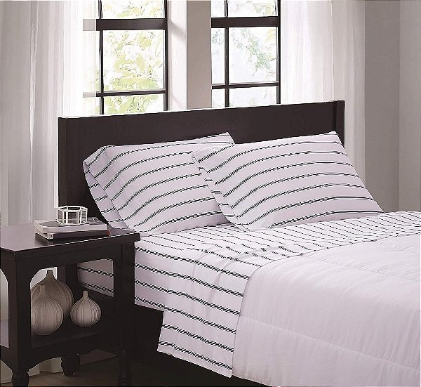 Jogo de Lençol e Fronha de Microfibra Twin Truly Soft Everyday - Coleção Ticking Stripe - Branco/Marinheiro, (SS3864WNTW-4700)