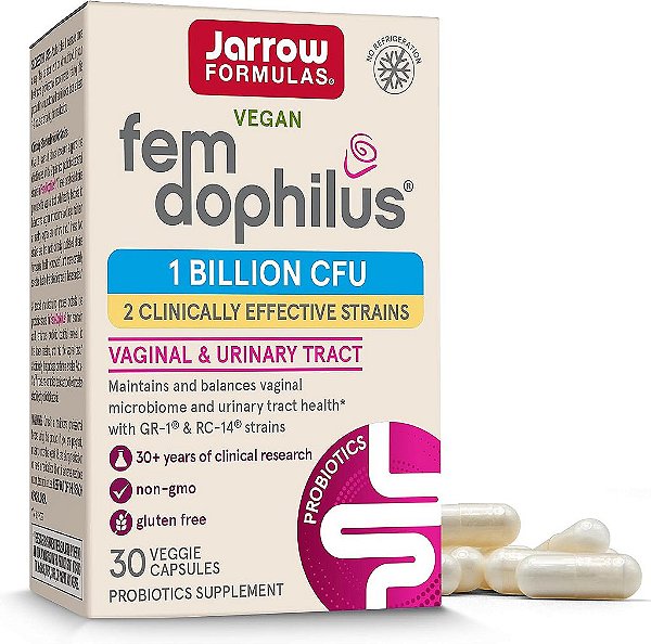 Fórmulas Jarrow Fem-Dophilus Probióticos com 1 Bilhão de UFC e 2 Cepas Clinicamente Eficazes, Suplemento Dietético para Saúde Vaginal e Saúde do Trato Urinário, 30 Cáps