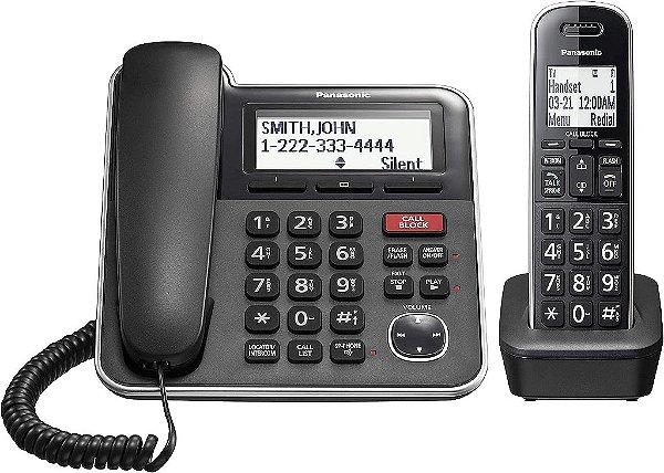 Sistema de telefone com fio/cordless expansível da Panasonic com atendedor automático e bloqueio de chamadas com um toque - 1 aparelho - KX-TGB850B (Preto)