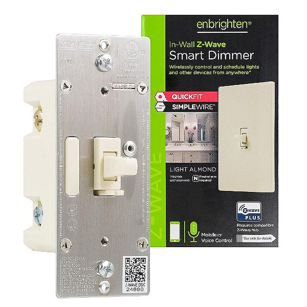 Dimer Inteligente Enbrighten Z-Wave Plus com QuickFit & SimpleWire, Preparado para 3 Vias, Funciona com Alexa, Google Assistant, ZWave Hub & Fio Neutro Necessário, Almond, Interruptor Inteligente, Casa Intel