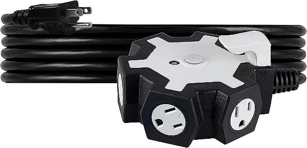 Hub de 5 saídas UltraPro Heavy Duty, Extensão externa de 15 pés com aterramento, 14 AWG, Disjuntor reajustável e gancho de armazenamento, Ideal para iluminação sazonal, decora