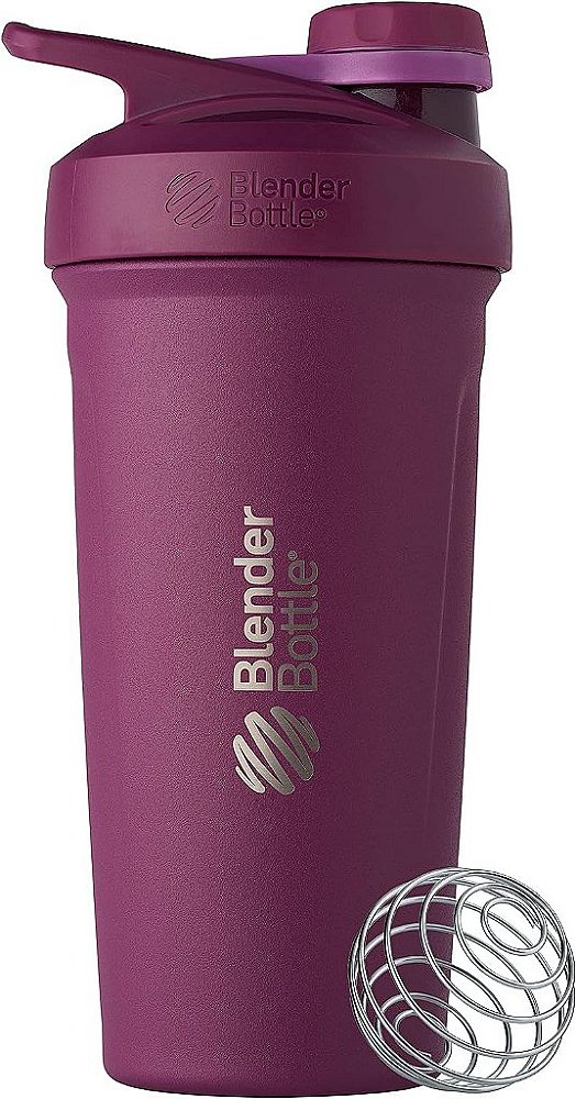 Copo agitador de aço inoxidável isolado com tampa giratória BlenderBottle Strada, garrafa de água de 24 onças, ameixa.