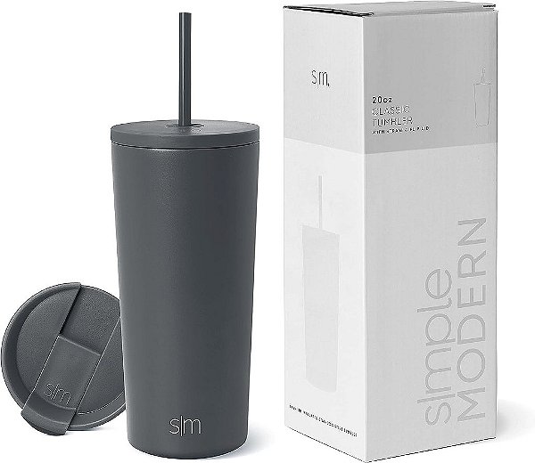 Copo Isolado Simples e Moderno com Tampa e Canudo | Copo de Café Gelado Reutilizável em Aço Inoxidável | Garrafa de Água | Caneca de Viagem | Presentes para Mulheres e Homens | Coleção Cl