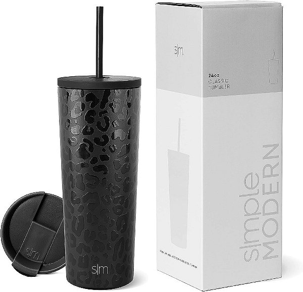 Copo Isolado Simple Modern com Tampa e Canudo | Copo de Café Gelado Reutilizável em Aço Inoxidável | Garrafa de Água | Caneca de Viagem | Presentes para Mulheres e Homens | Coleção Clássica |