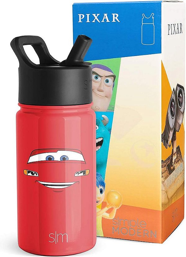 Garrafa de água para crianças Simple Modern Disney Pixar Lightning McQueen com tampa de canudo | Copo de aço inoxidável isolado reutilizável para meninos, escola | Coleção Summit | 14oz, Carros Ka-chow