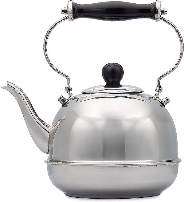 Chaleira de Chá Lisa de Aço Inoxidável de 2 Qt. com Alça de Madeira
