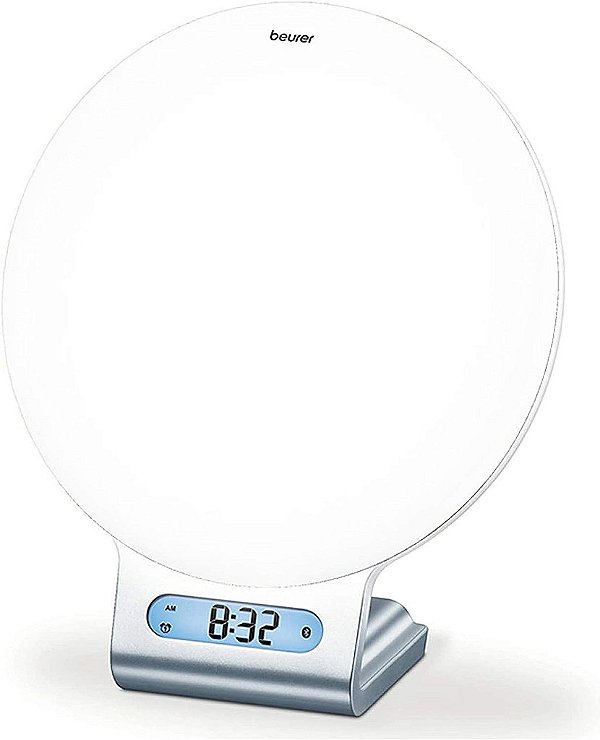 Luz de despertar Beurer 4-em-1 com Bluetooth, simulação de nascer do sol e pôr do sol, despertador, lâmpada de leitura, luz de ambiente, alto-falante, rádio, 256 variações de