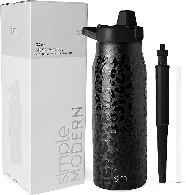 Garrafa de água filtrada Simple Modern | Garrafas de água para viagem em aço inoxidável isolado com filtro de carbono | Reutilizáveis para água limpa para beber em movimento | Coleção Mesa | 34oz, Leop