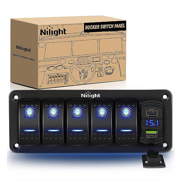 Painel de Interruptores Rocker Nilight 5 Gang Azul com Iluminação Traseira PD Type C e Carregador USB Voltímetro à Prova D'Água 12V 24V DC Rocker Switch com Adesivos Brilhantes Not