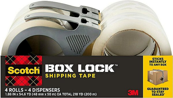Fita de embalagem Scotch Box Lock, 4 rolos com 4 dispensadores recarregáveis, 1,88 pol x 54,6 jardas, Fita de embalagem, envio e correio de aderência extrema, gruda instant