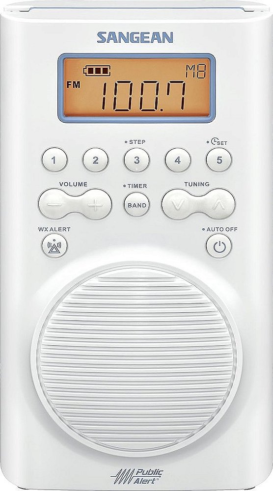 Rádio à prova d'água para chuveiro Sangean H205 AM/FM com Alerta de Tempo Branco 6.14x 4.01x 9.72