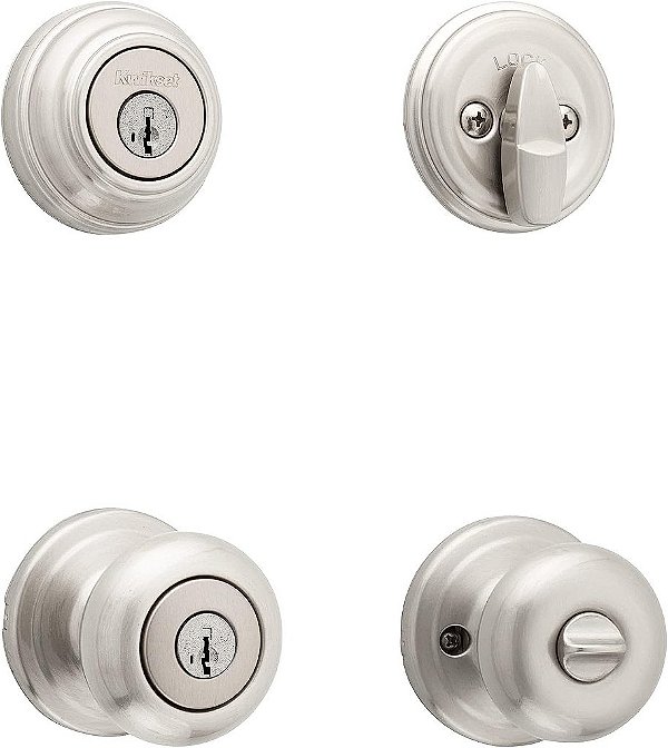 Trava da porta de entrada com botão e fechadura de cilindro único Juno Kwikset, combo com proteção antimicrobiana Microban e segurança SmartKey em níquel acetinado.