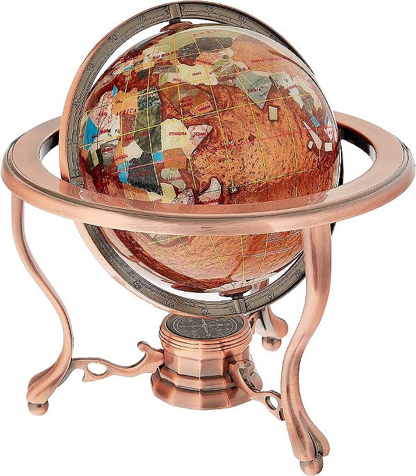 Globo Terrestre Único de 10 polegadas de Altura com Pé de Tripé de Cobre
com Bolas de Gema Oceânica Swirl de Pérola de Amberlite para Mesa