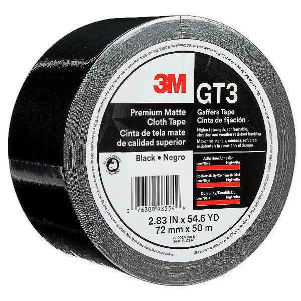 Fita de pano fosco Premium com TALC 3M (Gaffers) GT3, preta, 72 mm x 50 m, 11 milímetros