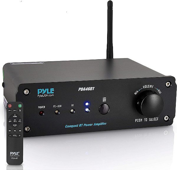 Amplificador estéreo de áudio Bluetooth Pyle 100W - 110/240V, 2 Canais Pro Audio Desktop Amp com Conexão Direta ao Computador via Porta USB e Sistema Hi-Fi/Função TWS, com Controle de Volume Giratório
