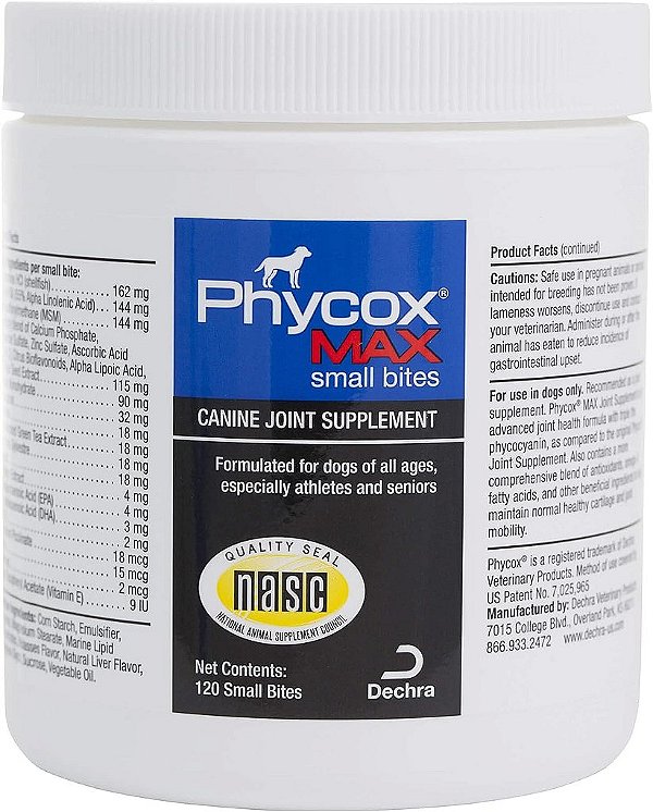 Suplemento articular Phycox MAX Small Bites para cães, 120 comprimidos.