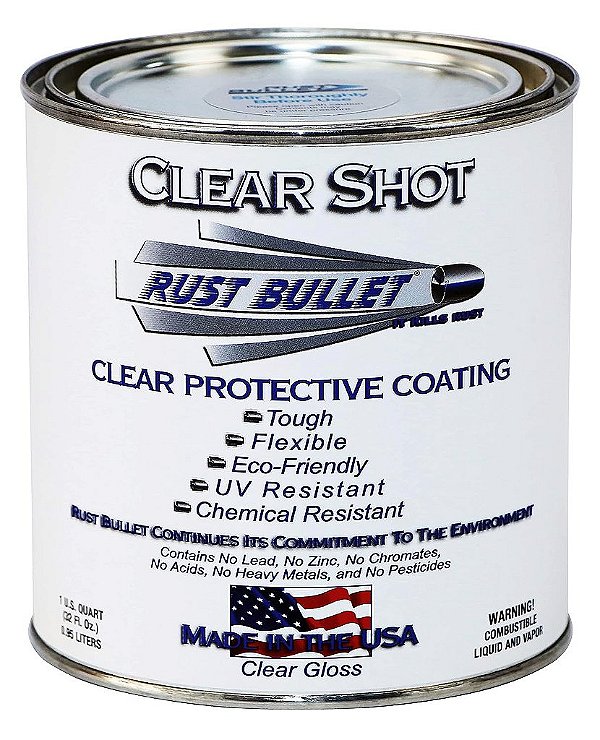 Rust Bullet - Clear Shot Quart - Revestimento transparente superior para acabamentos automotivos, em madeira e metal, um revestimento transparente revolucionário de única componente resistente aos raios UV não racha, lasca, amarela ou descasca.