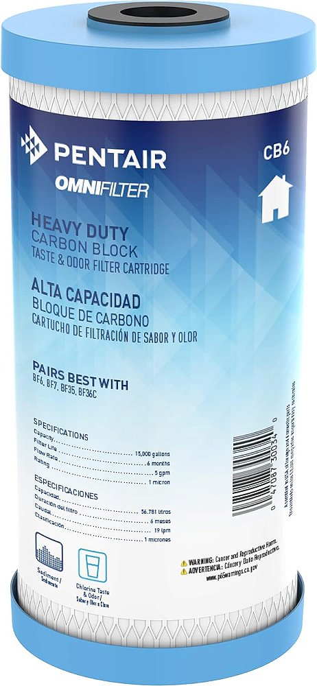 Filtro de água de carbono Pentair OMNIFilter CB6, Bloco de carbono resistente de 10 para toda a casa, Cartucho de filtro de substituição de sabor e odor, 10 x 4,5, 1 Micron