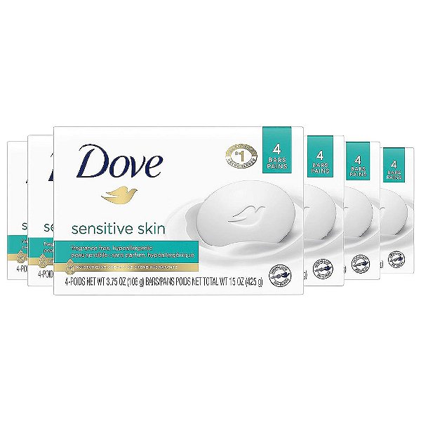 Barra de Beleza Dove Mais Hidratante do que Sabonete em Barra para uma Pele mais Macia, Livre de Fragrância, Hipoalergênica para Pele Sensível com Limpeza Suave 3,75 oz 24 Barr