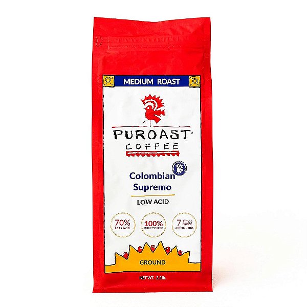 Café Puroast Colombian Supremo Moído de Baixa Acidez, Torra Média, Café Certificado de Baixa Acidez, 5,5+ pH, Saúde Intestinal, 2,2 LB, Alto Teor de Antioxidantes
