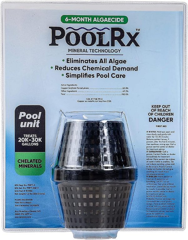 Produto: Tratamento de Algaecida Pool RX 101066 de 6 meses, trata de 20k-30k litros, preto.