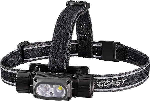 Lanterna de cabeça poderosa à prova d'água Coast WPH34R 2000 Lumen IP68 recarregável por USB - Dupla potência, 6 modos com feixe de luz spot e flood, preto/cinza